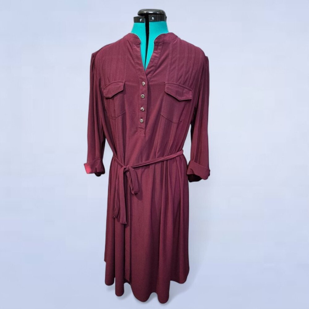 Avenue Burgundy Shirt Dress Size 14/16 | Button Front Midi Belted Plus Size